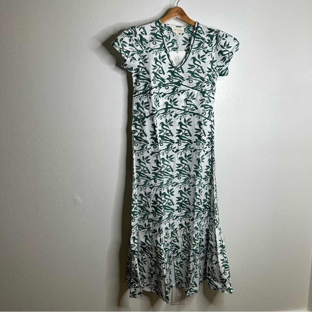 NWT Ex Voto 100% Cotton White Green Bird Block Printed Maxi Dress